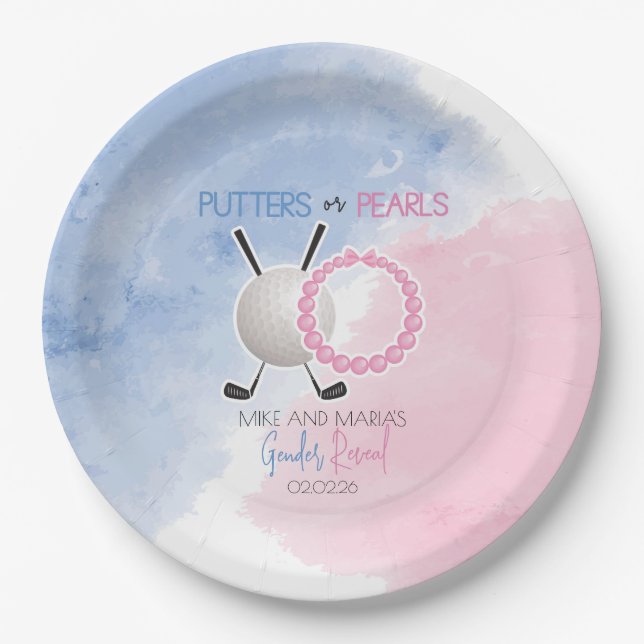 Putters or Pearls Gender Reveal Party Paper Plate (Front)