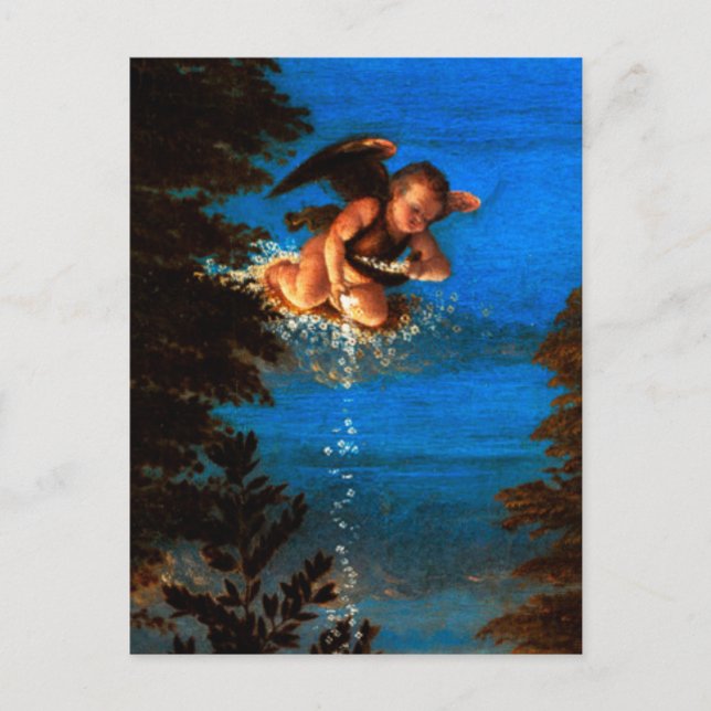 Putto In Blue Sky Pours a Cascade of White Flowers Postcard (Front)