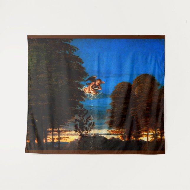 Putto In Blue Sky Pours a Cascade of White Flowers Tapestry (Front (Horizontal))