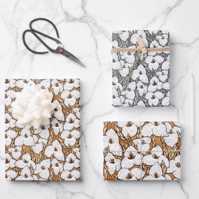 Puya Flower Floral Pattern Sepia Brown Grey White Wrapping Paper Sheet (Front)