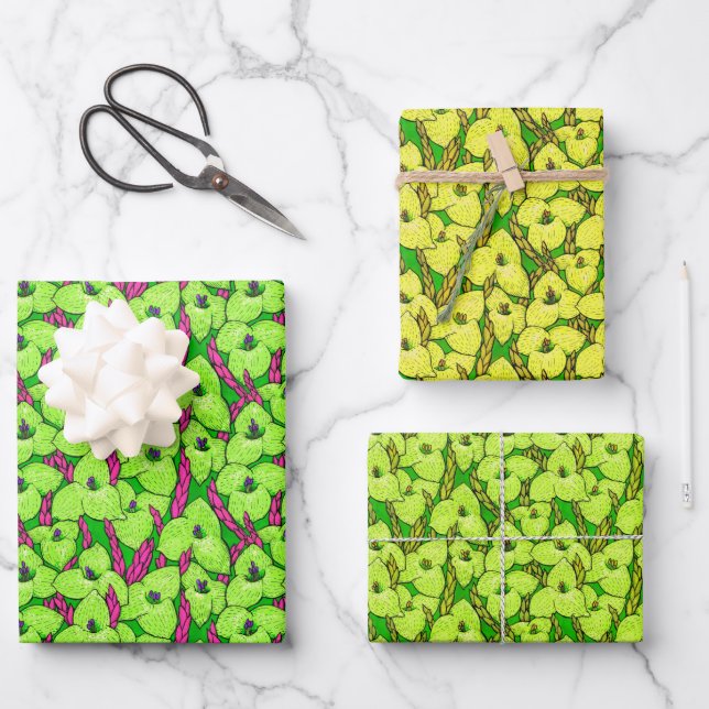 Puya Flowers Bloom Floral Pattern Green Chartreuse Wrapping Paper Sheet (Front)
