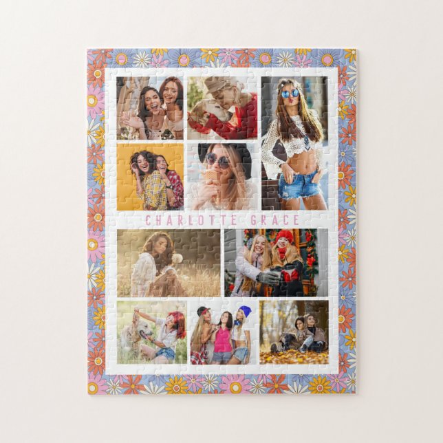 Puzzle 10 Photo Moderne Trendy Hippie Floral Nom élégant (Vertical)