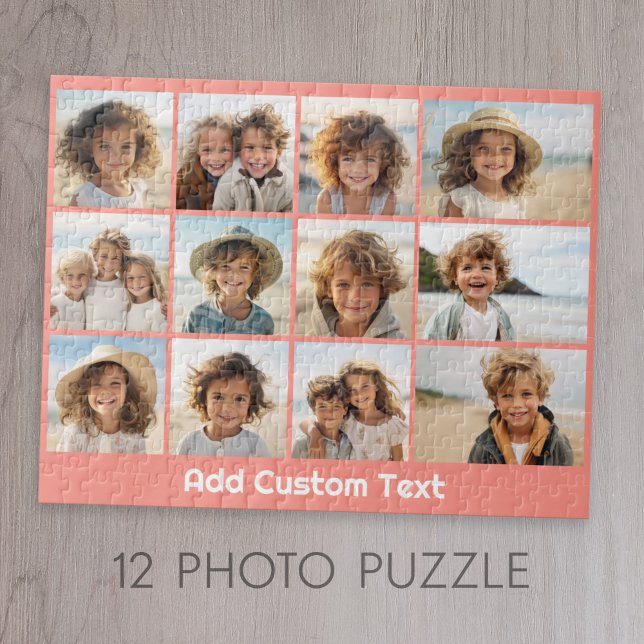 Puzzle 12 Photo Instagram Collage avec Arrière - plan cor (Add 12 photos to this coral custom jigsaw puzzle)
