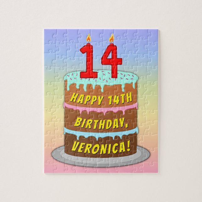 Puzzle 14e anniversaire : gâteau et bougies amusants + no (Vertical)