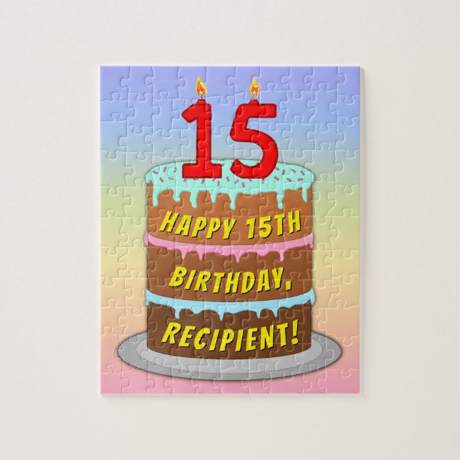 Puzzle 15e anniversaire : Fun Cake and Candles + Nom pers (Vertical)