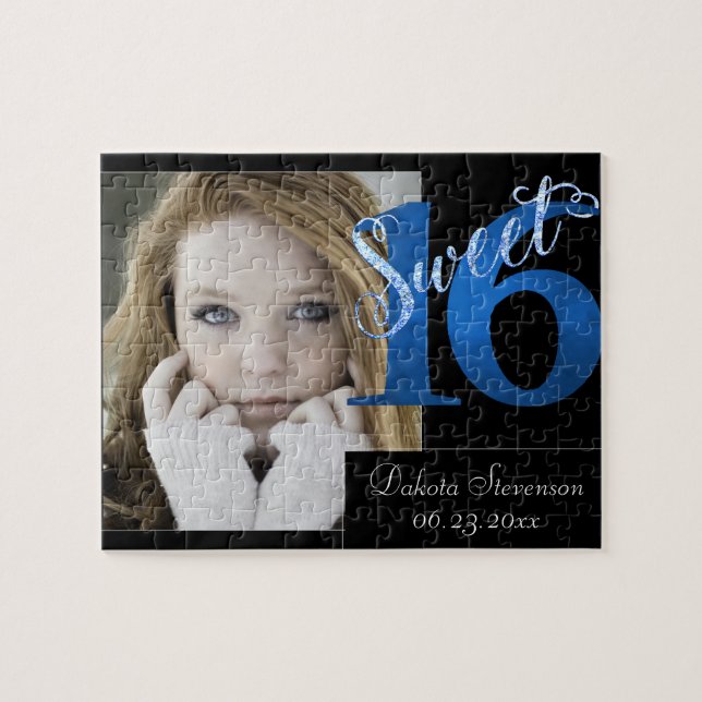 Puzzle 16 ans | Blue 16th Birthday Photo Keepsaké (Horizontal)