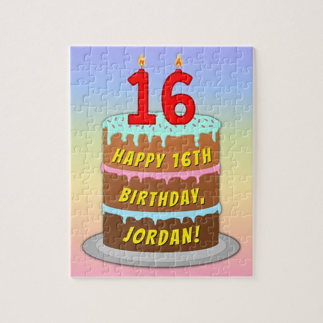 Puzzle 16e anniversaire : Fun Cake and Candles + Nom pers (Vertical)