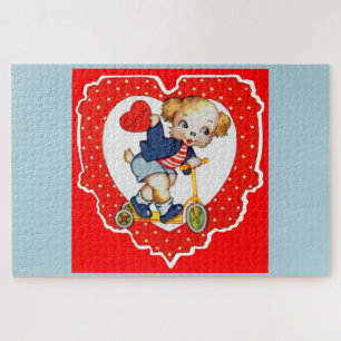 Puzzle 1930s Valentine puppy dog riding scooter