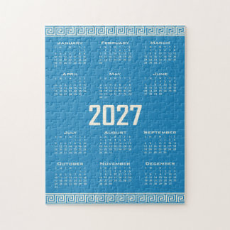 Puzzle 2027 Calendar, Greek Fret, Cosmic Latte on Blue