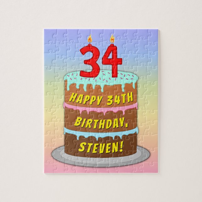 Puzzle 34e anniversaire : Fun Cake and Candles + Nom pers (Vertical)