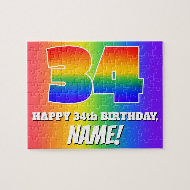 Puzzle 34e anniversaire — Motif Rainbow multicolore "34" (Horizontal)