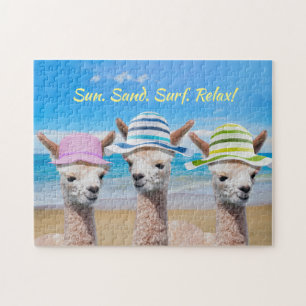 Puzzle 3 Alpacas Sur La Plage En Casquettes Solaires, Mes
