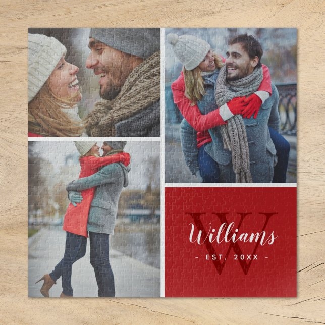 Puzzle 3 Collage photo et monogramme personnalisé | Rouge (Créateur téléchargé)