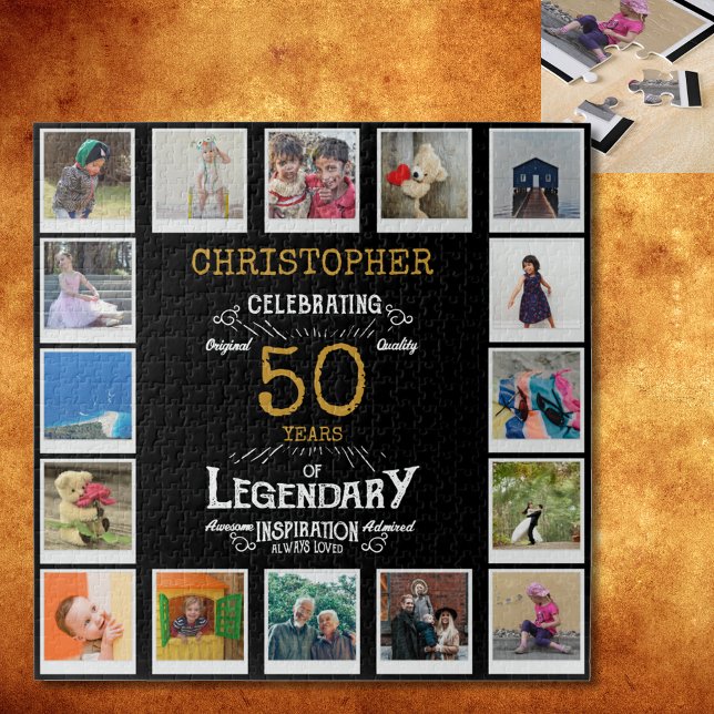 Puzzle 50e anniversaire Black Gold Photo Collage (A personalized elegant 50th birthday vintage puzzle that is easy to customize but hard to complete)