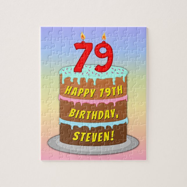 Puzzle 79e anniversaire : Fun Cake and Candles + Nom pers (Vertical)