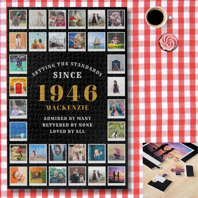 Puzzle 80th Birthday 1946 Family Memories Photo Collage (1946 photo collage jigsaw puzzle. Background red and white check tablecloth.)