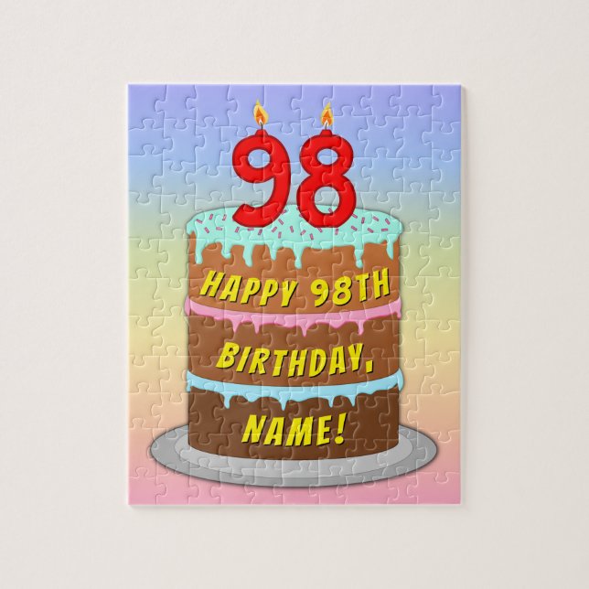 Puzzle 98e anniversaire : Fun Cake and Candles + Nom pers (Vertical)