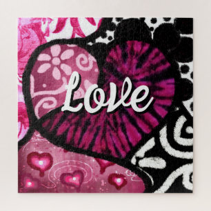Puzzle Abstrait coeur d'amour rose Floral Pois noir