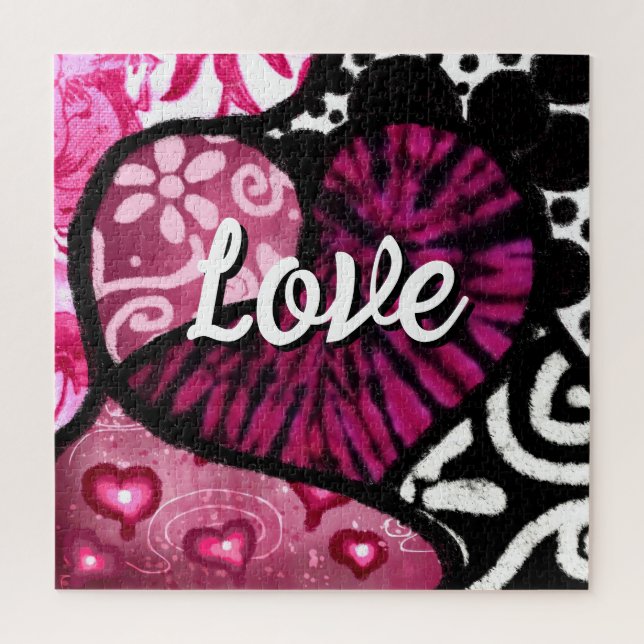 Puzzle Abstrait coeur d'amour rose Floral Pois noir (Vertical)