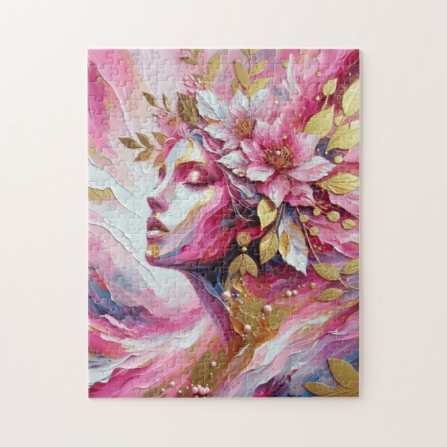 Puzzle Abstrait Elegant femme visage rose feuille (Vertical)