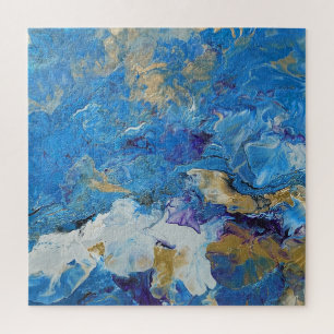 Puzzle Acrylic pour abstract Blues and Gold 1