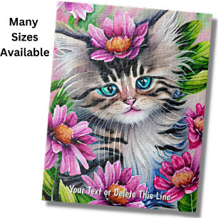 Puzzle Add Name Text Kitten with Pink Flowers Green Leaf