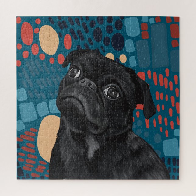 Puzzle Adorable assis Carlin noir chien sur bleu Abstrait (Vertical)