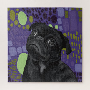 Puzzle Adorable assis Carlin noir chien sur violet Abstra