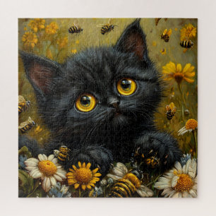 Puzzle Adorable Chat Noir au Milieu des Fleurs