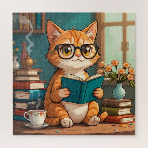 Puzzle Adorable Chat portant des lunettes Lecture d'un li