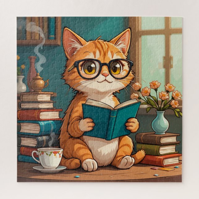 Puzzle Adorable Chat portant des lunettes Lecture d'un li (Vertical)