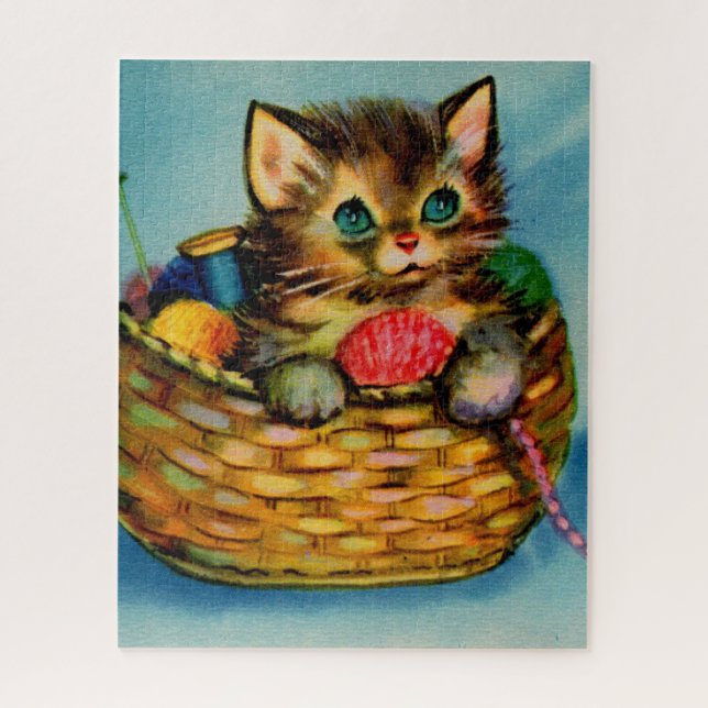 Puzzle adorable chaton des années 1940 dans le panier de  (Vertical)