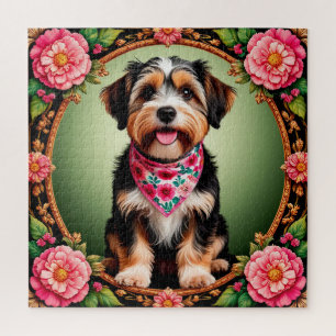 Puzzle Adorable chien encadré par des fleurs colorées