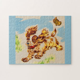 Puzzle adorable cocker spaniel chiot sur la course