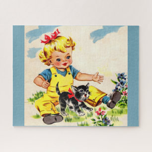 Puzzle adorable little girl with adorable little kitten