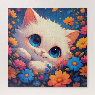 Puzzle Adorable petit chaton blanc aux yeux bleus brillan