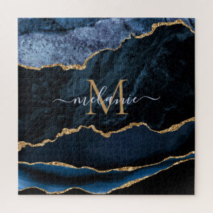 Puzzle Agate Navy Blue Gold Gemstone Marble Monogram