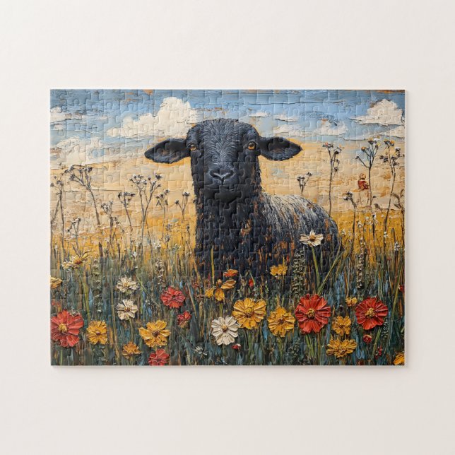 Puzzle Agneau noir rustique avec art Fleur sauvage (Horizontal)