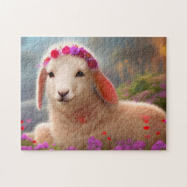 Puzzle Agneau pâque mignon avec fleurs - (Horizontal)