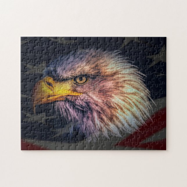 Puzzle Aigle à tête blanche américaine avec drapeau (Horizontal)