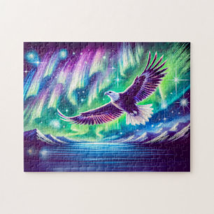 Puzzle Aigle volant au-dessus d'un lac de montagne Lumièr