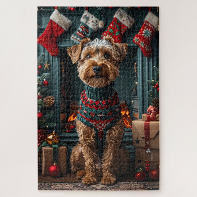 Puzzle Airedale Chien Avec Les Cadeaux De Noël Cheminée (Vertical)