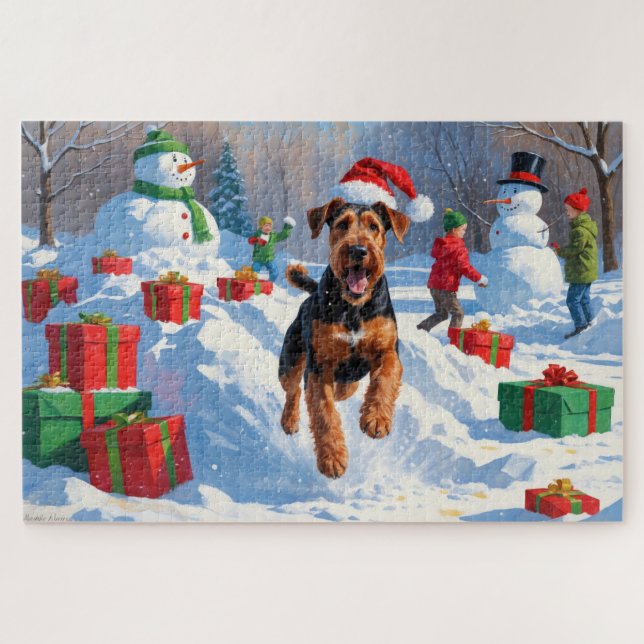Puzzle Airedale Noël Festive Scène de neige (Horizontal)