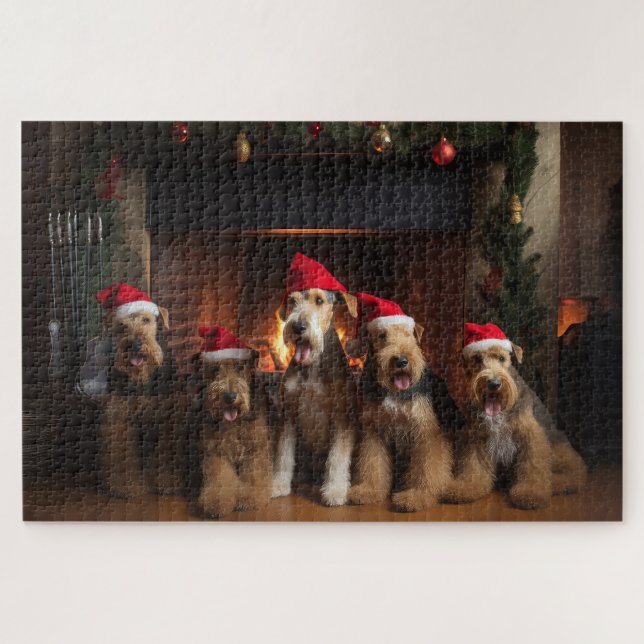 Puzzle Airedale près de la cheminée Noël (Horizontal)
