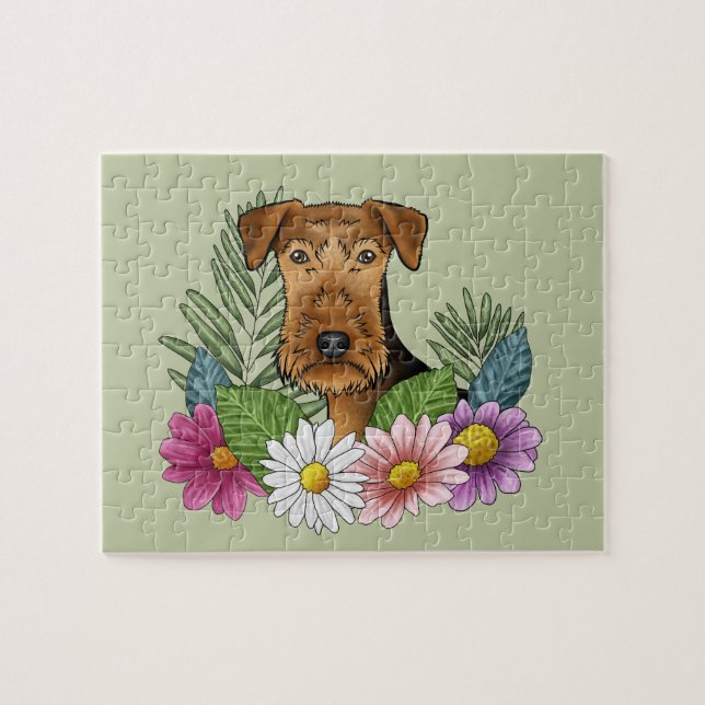 Puzzle Airedale Tête de chien Terrier Fleurs colorées Ver (Horizontal)