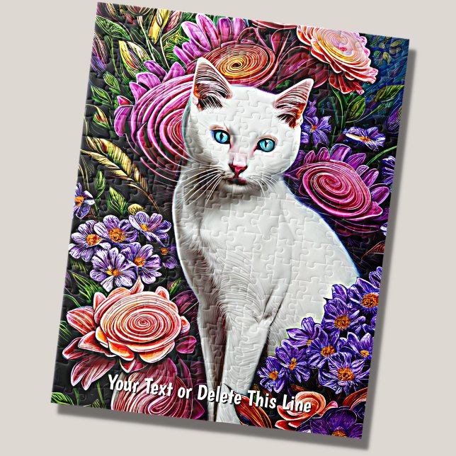 Puzzle Ajouter un nom Texte, Chat blanc avec fleurs Abstr (Créateur téléchargé)