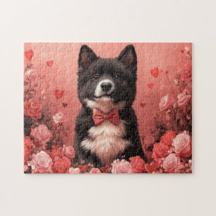 Puzzle Akita américain avec des roses - Saint-Valentin