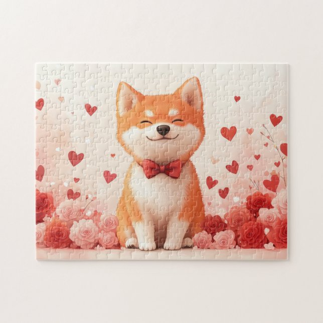 Puzzle Akita avec Rose - Saint Valentin (Horizontal)