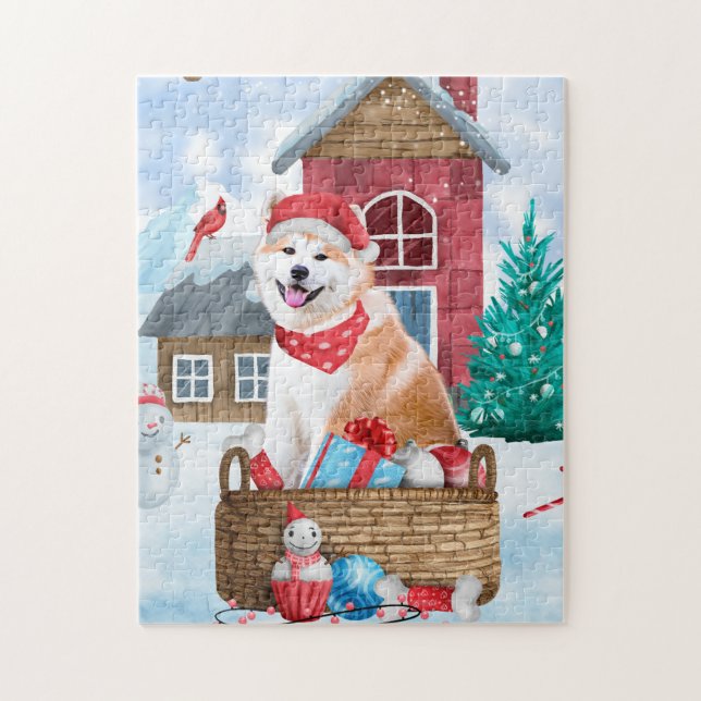 Puzzle Akita Chien dans la neige Maison de Chien de Noël (Vertical)