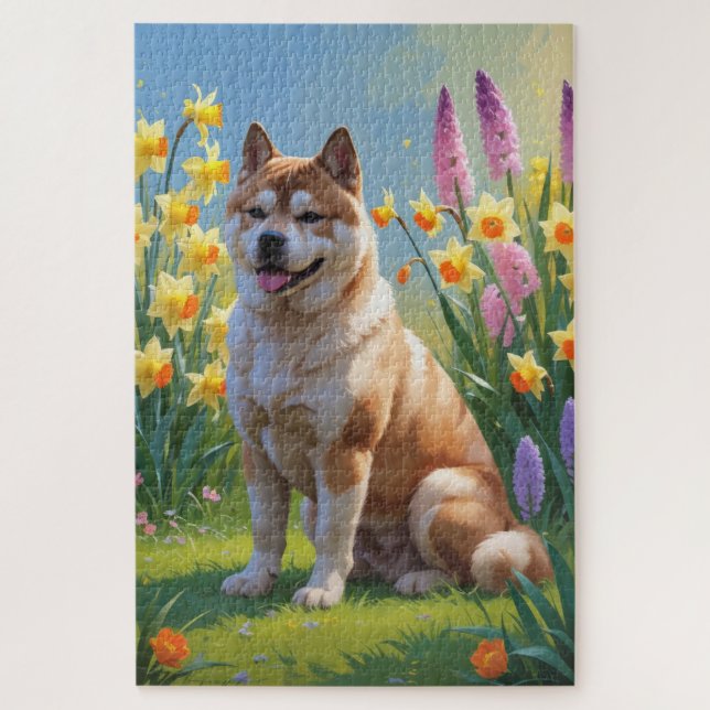 Puzzle Akita Dog Fleurs de printemps Peinture (Vertical)